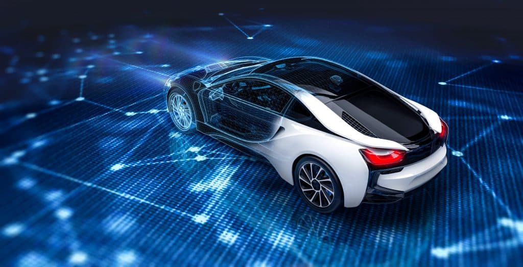 Futuristic car technology concept with wireframe intersection (3